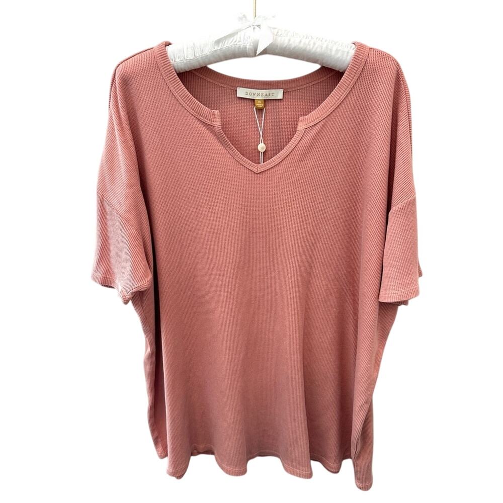DOWNEAST Pink Waffle Knit Notch Neck Tee Cotton Blend Short Sleeve Top NWT | XL